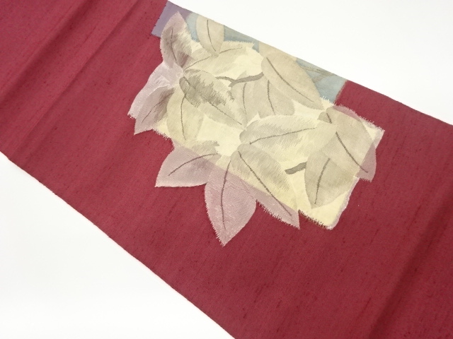 手織り紬すくい織短冊に葉・花模様織出し袋帯